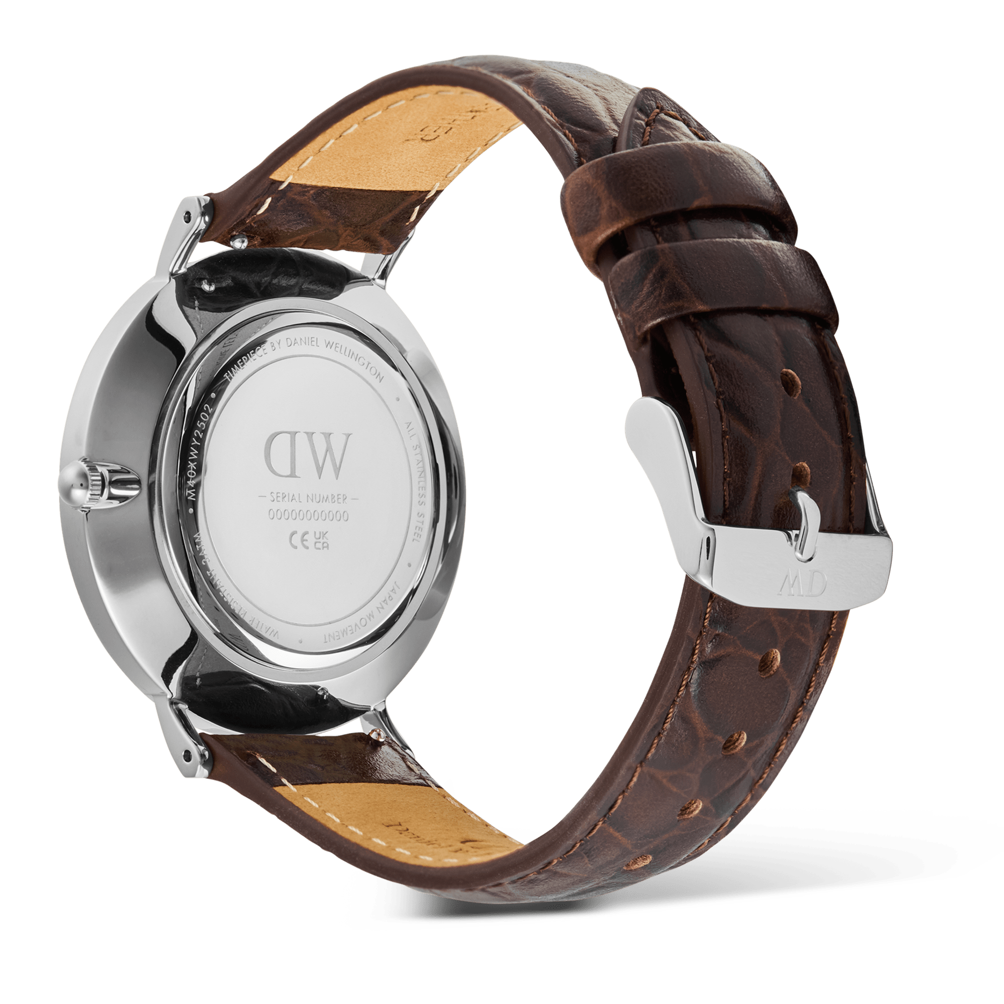 Classic Roman Numerals Date Dark Brown Croc Belly Silver