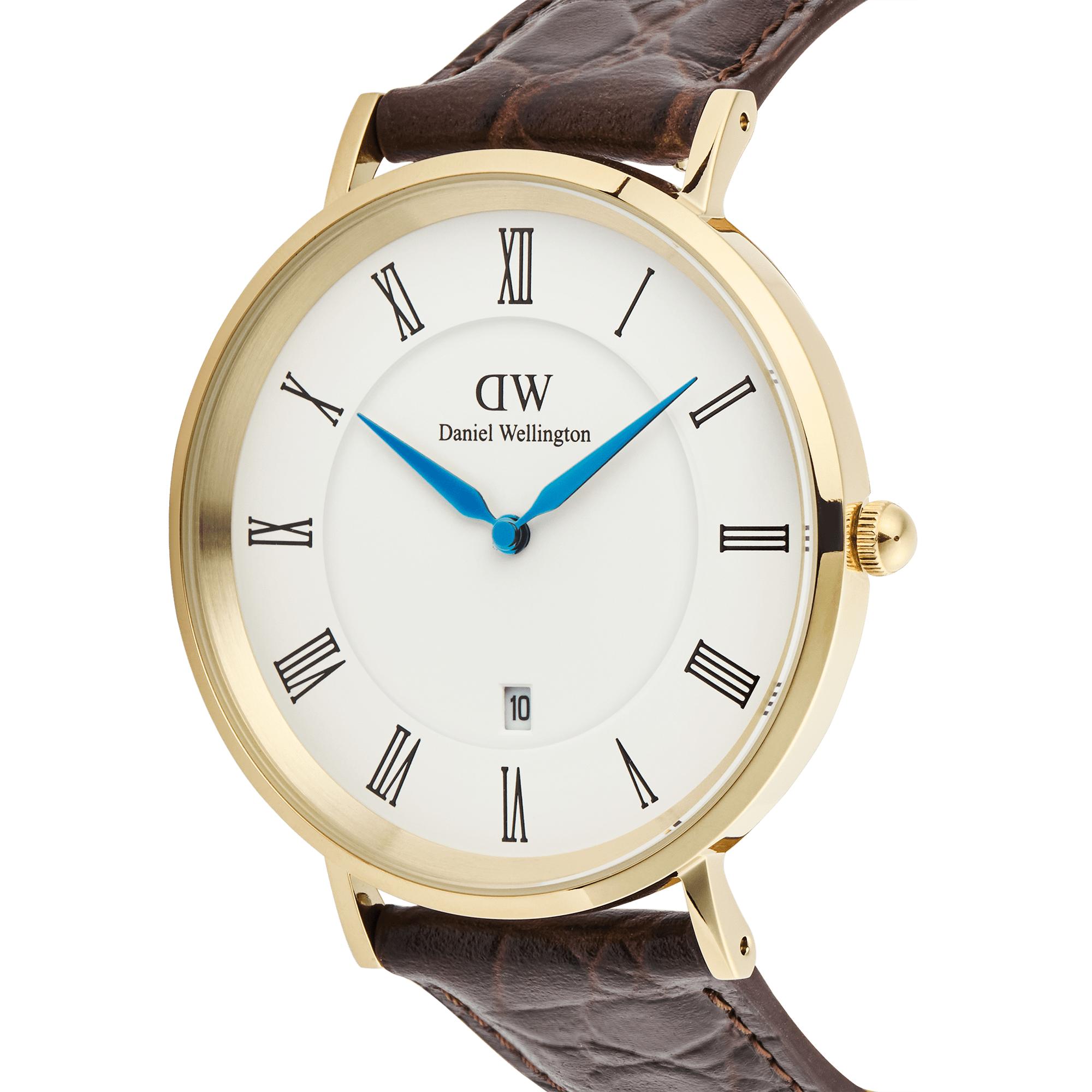 Classic Roman Numerals Date Dark Brown Croc Belly Gold
