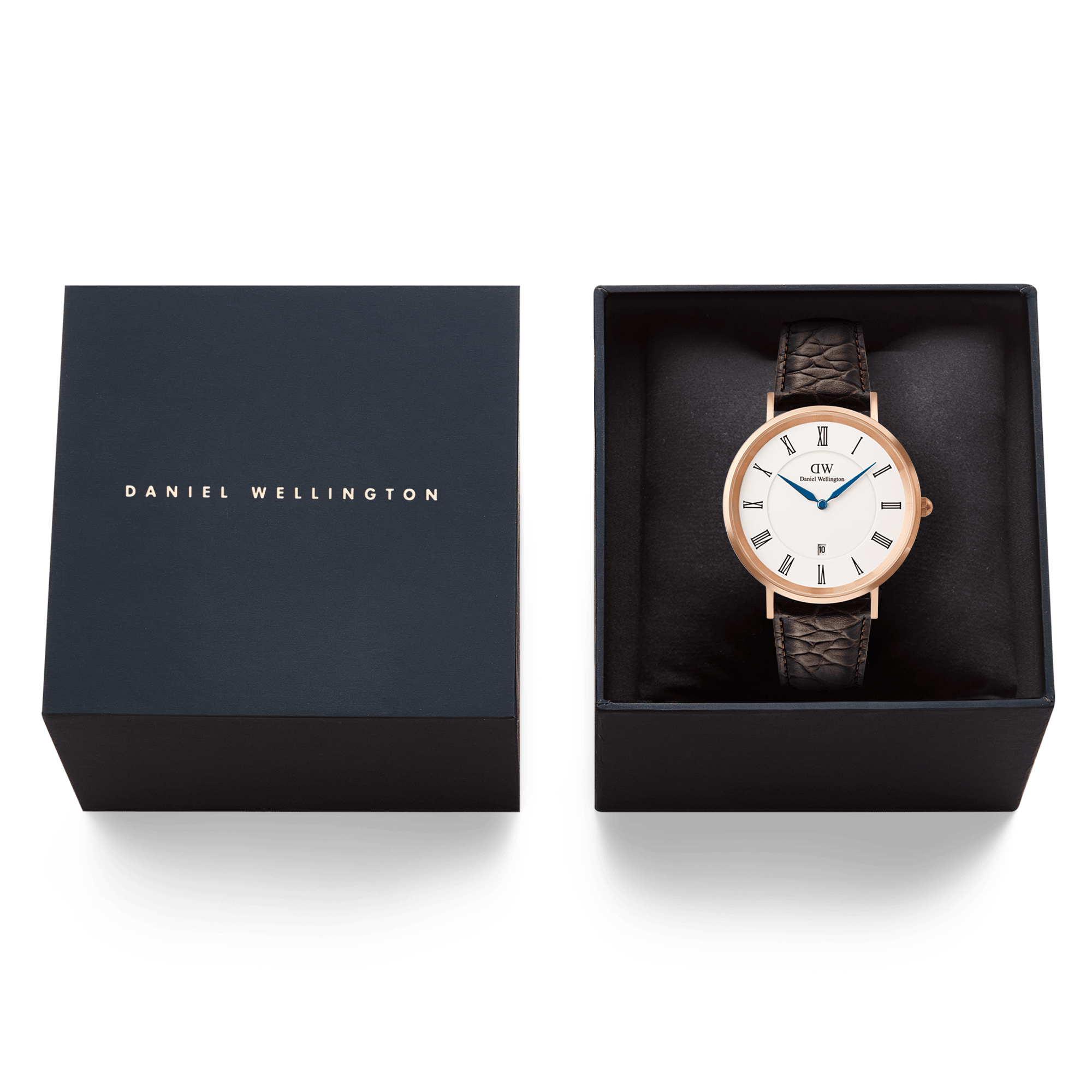 Classic Roman Numerals Date Dark Brown Croc Belly Rose Gold