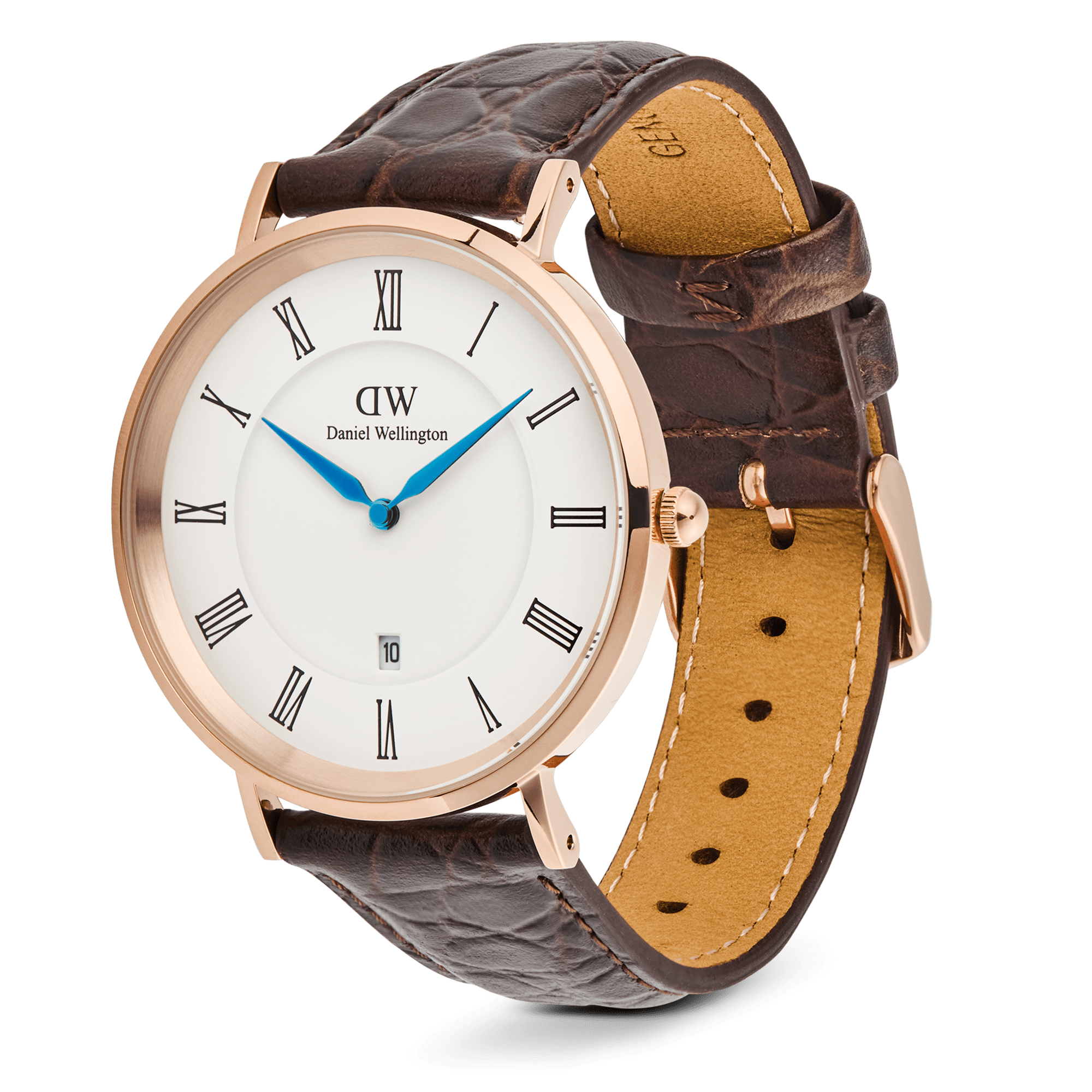 Classic Roman Numerals Date Dark Brown Croc Belly Rose Gold