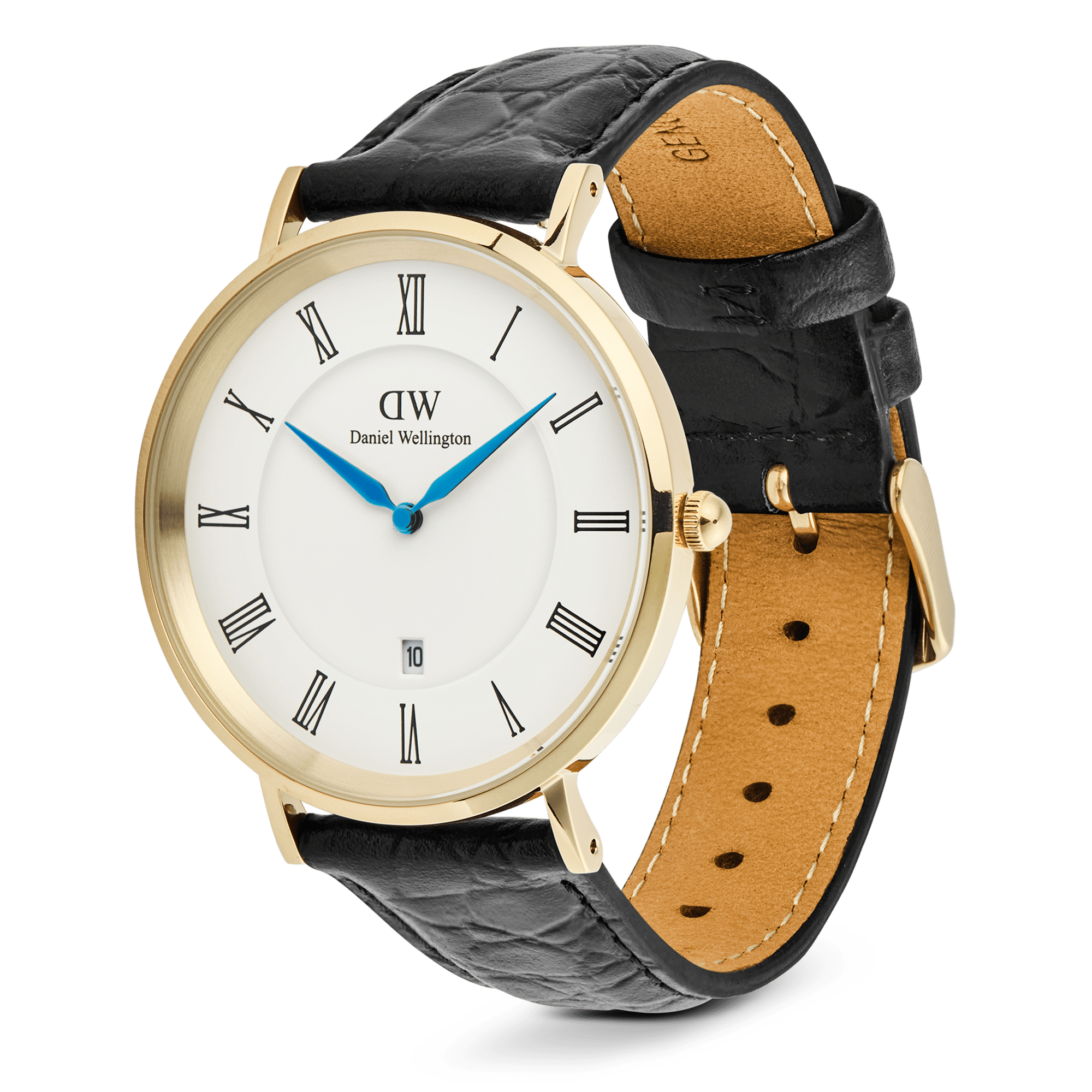 Classic Roman Numerals Date Black Croc Belly Gold